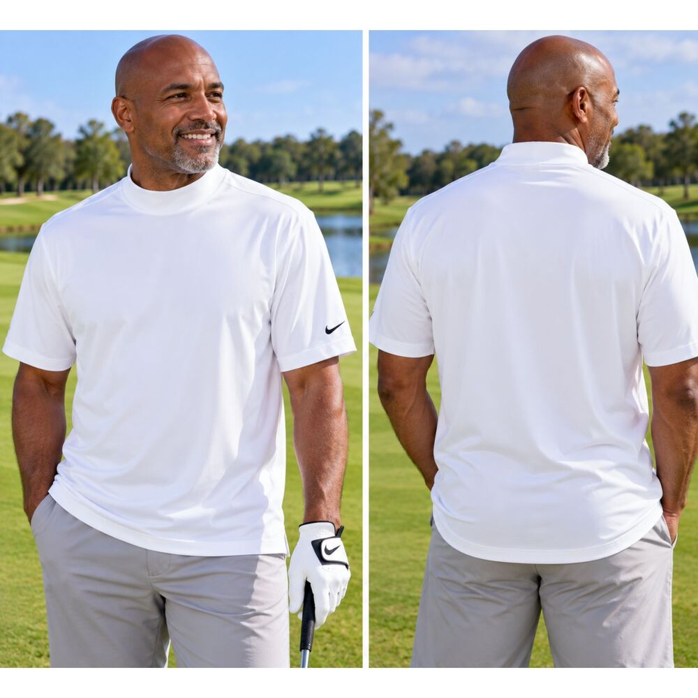 Nike Golf Men XL White Dri-FIT Mock Neck High Collar Short Sleeve Golf Shirt #23